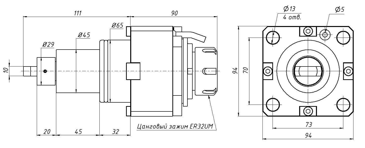 Осевой приводной цанговый блок BMT65-0-N-ER32