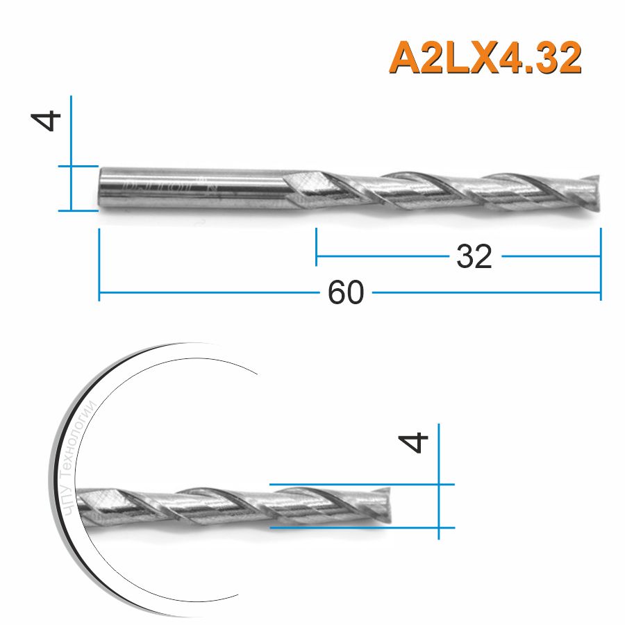 Фреза спиральная двухзаходная DJTOL A2LX4.32