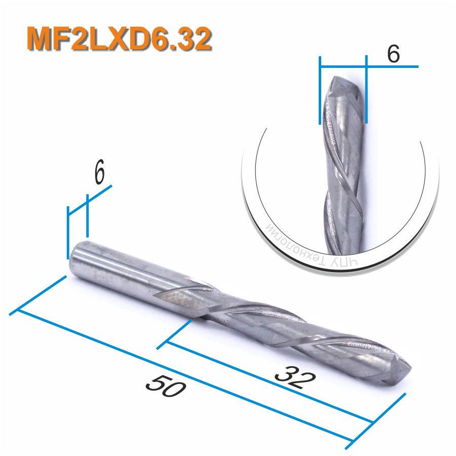 Фреза спиральная двухзаходная стружка вниз Mnogofrez MF2LXD6.32