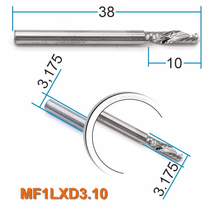 Фреза спиральная однозаходная стружка вниз MF1LXD3.10